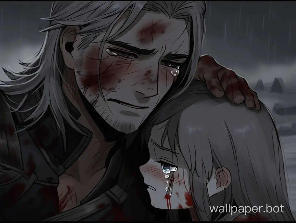 Geralt dies from wounds on his body, blood stains on his face, wounds on his face, tears flow down his cheek, wounds on Geralt's body, nearby his daughter cries in a gloomy atmosphere.