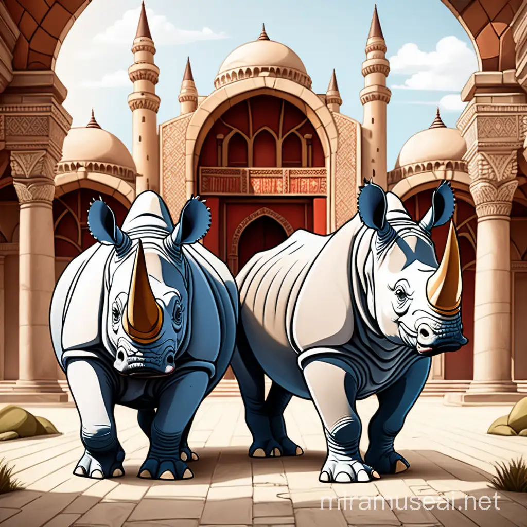 two rhinos, cartoon style, full body, royal court, ancient Turkish building background