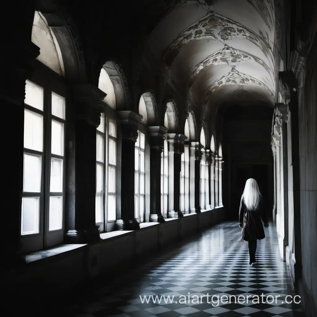 темный мрачный длинный коридор дворца с окнами по которому идёт маленькая девочка с белыми волосами