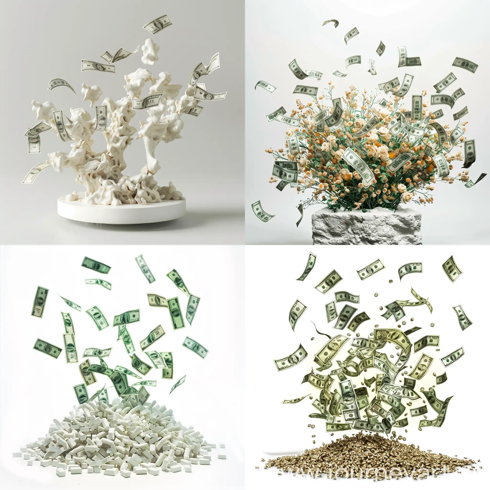 illustration a minimal graphic image about a lot of dollars throwing on a resin art with plain white background (Code: FFFF)