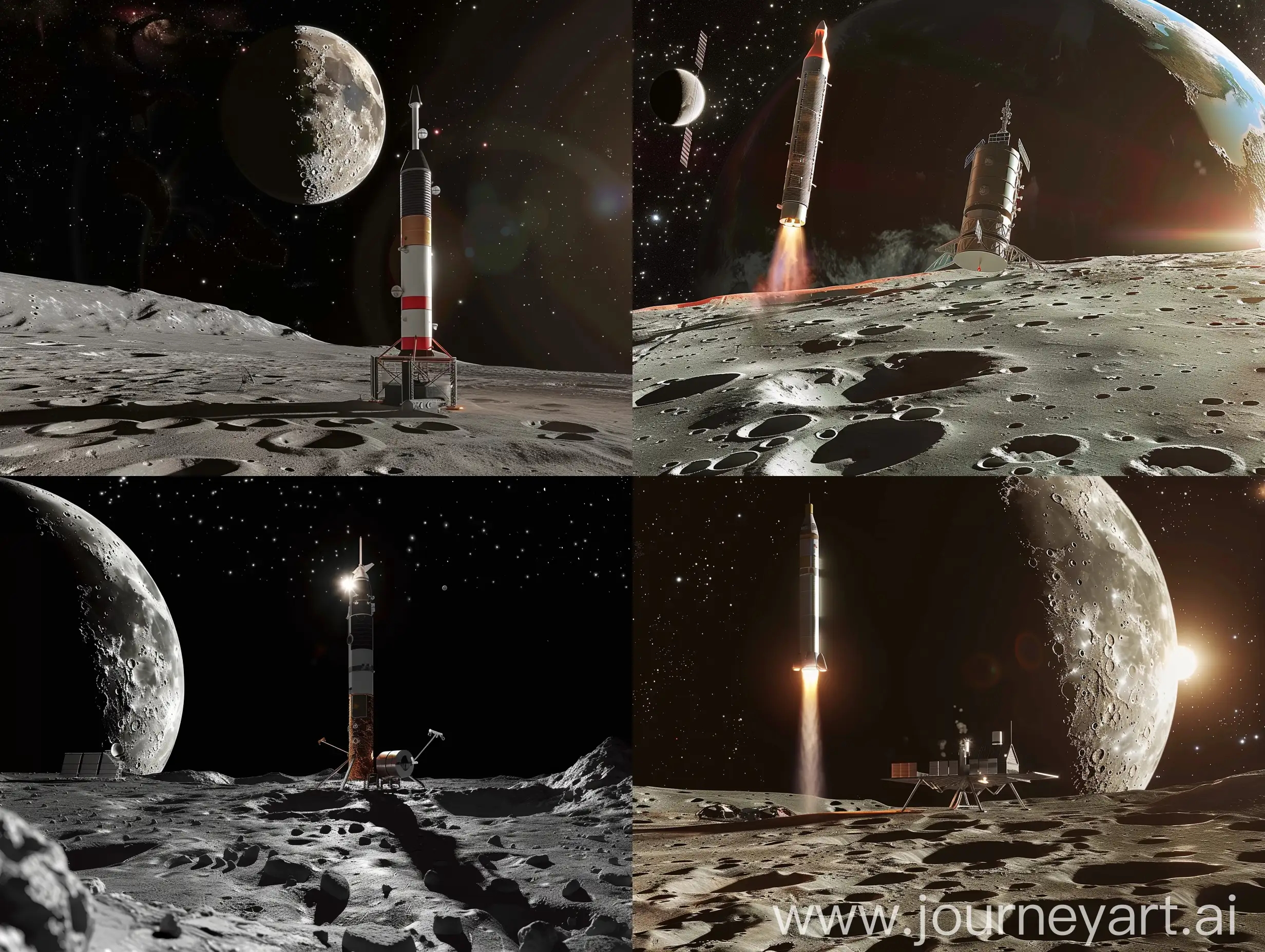 visualize the image showing GLSV MK-III satellite Launch on earth and show vikram lander on moon