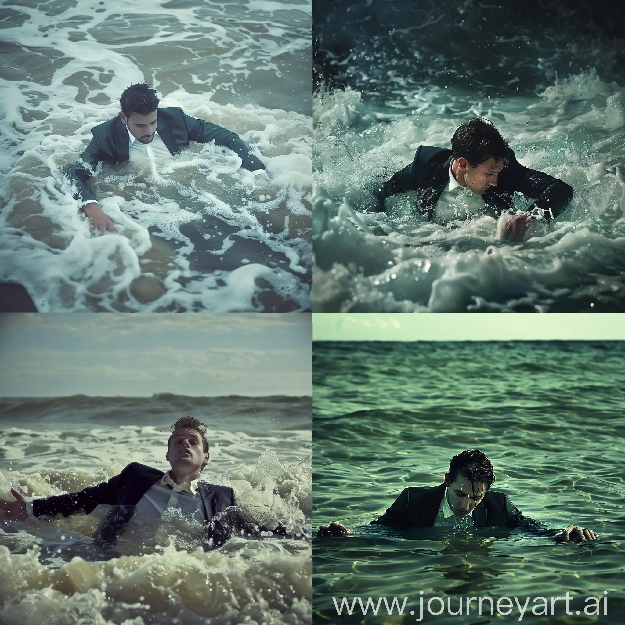A man in a suit drowning in sea water