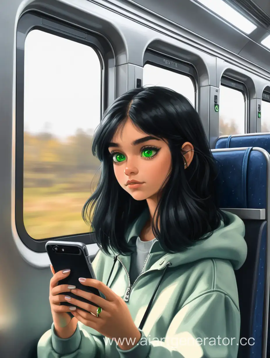 Девушка с чёрными волосами и зелеными глазами, едет в поезде, смотрит в телефон 