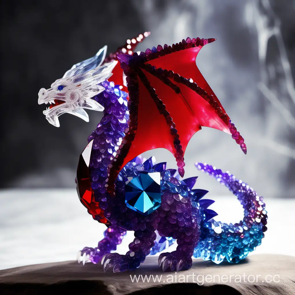 Дракон состоящий из кристаллов, фиолетового и синевого цвета, на хвосте большой красный кристалл