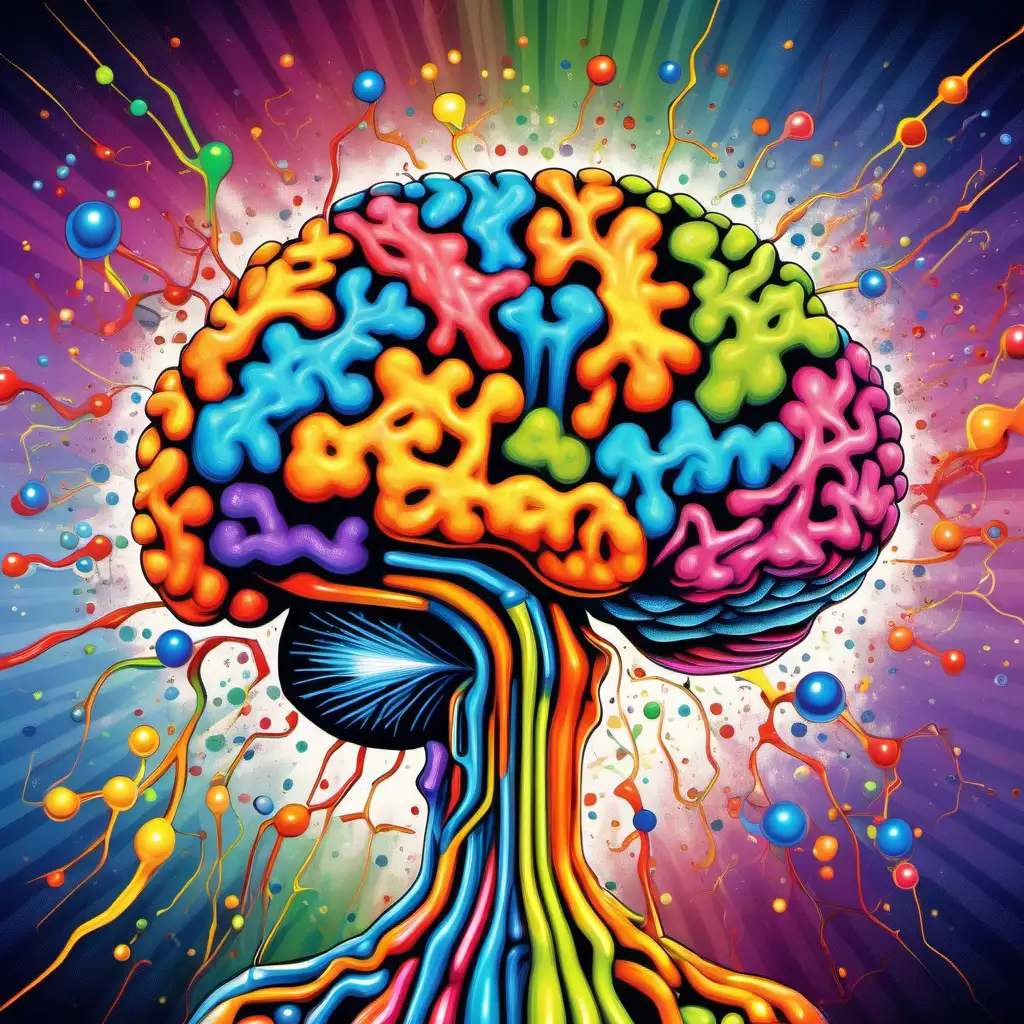 A brain exploding of colors, neurology, organic shapes melting, chemical molecules, dopamine, psilocybin 
