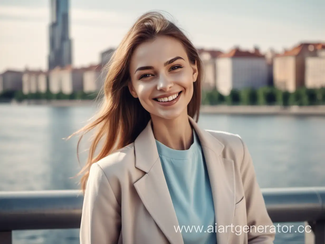 A smiling woman in clothes of calm colors, good detailing, against the background of the city