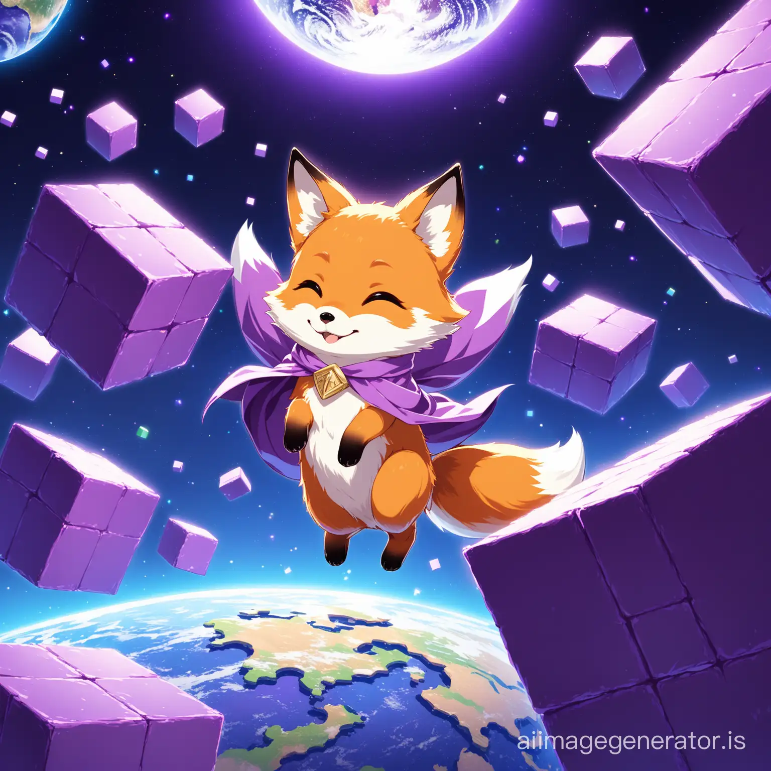 A little cute fox with purple cloth  flying on the  purple block earth with super detail and High Quality
big and Purple and floating blocks are seen everywhere
Details are evident beautifully and with great precision
