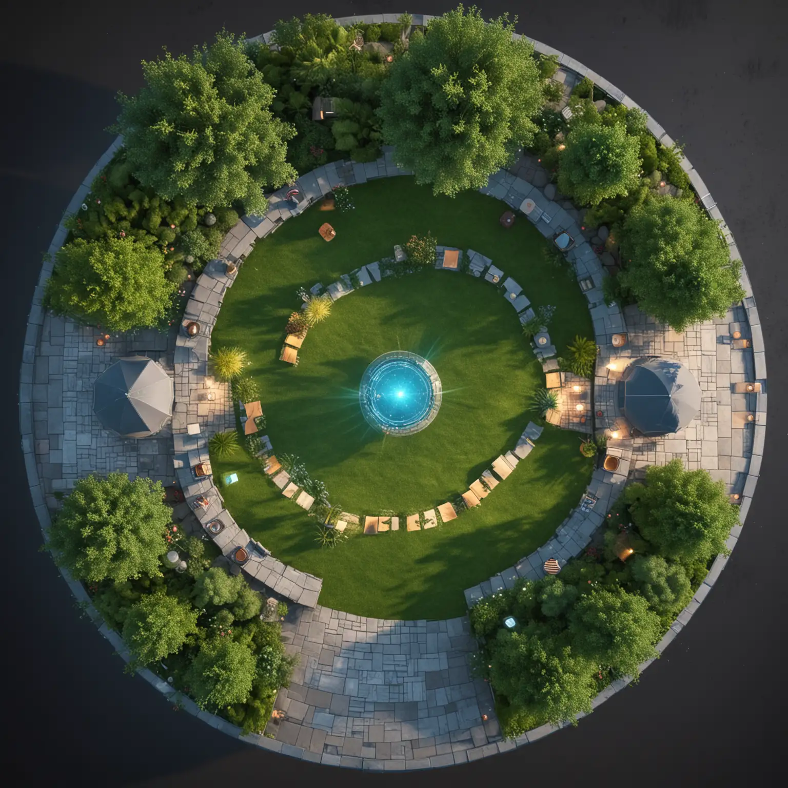 top view ai magical realistic and lounge area very comfortable space with pathway and tress and grass holograms dimmed lighting very magical and hologram  top view magical hologram