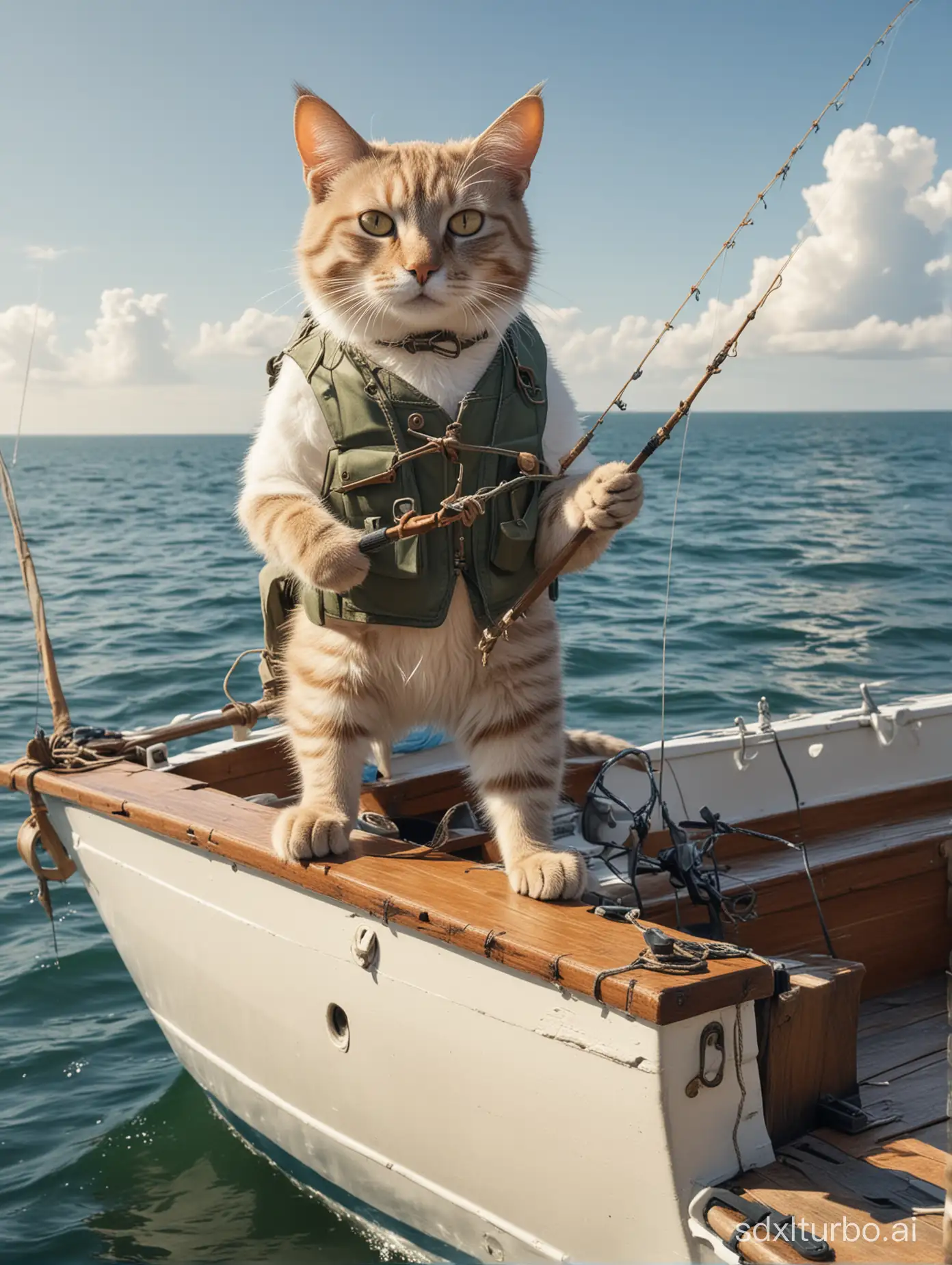 An anthropomorphic cat on a boat in the sea going fishing on a sunny day