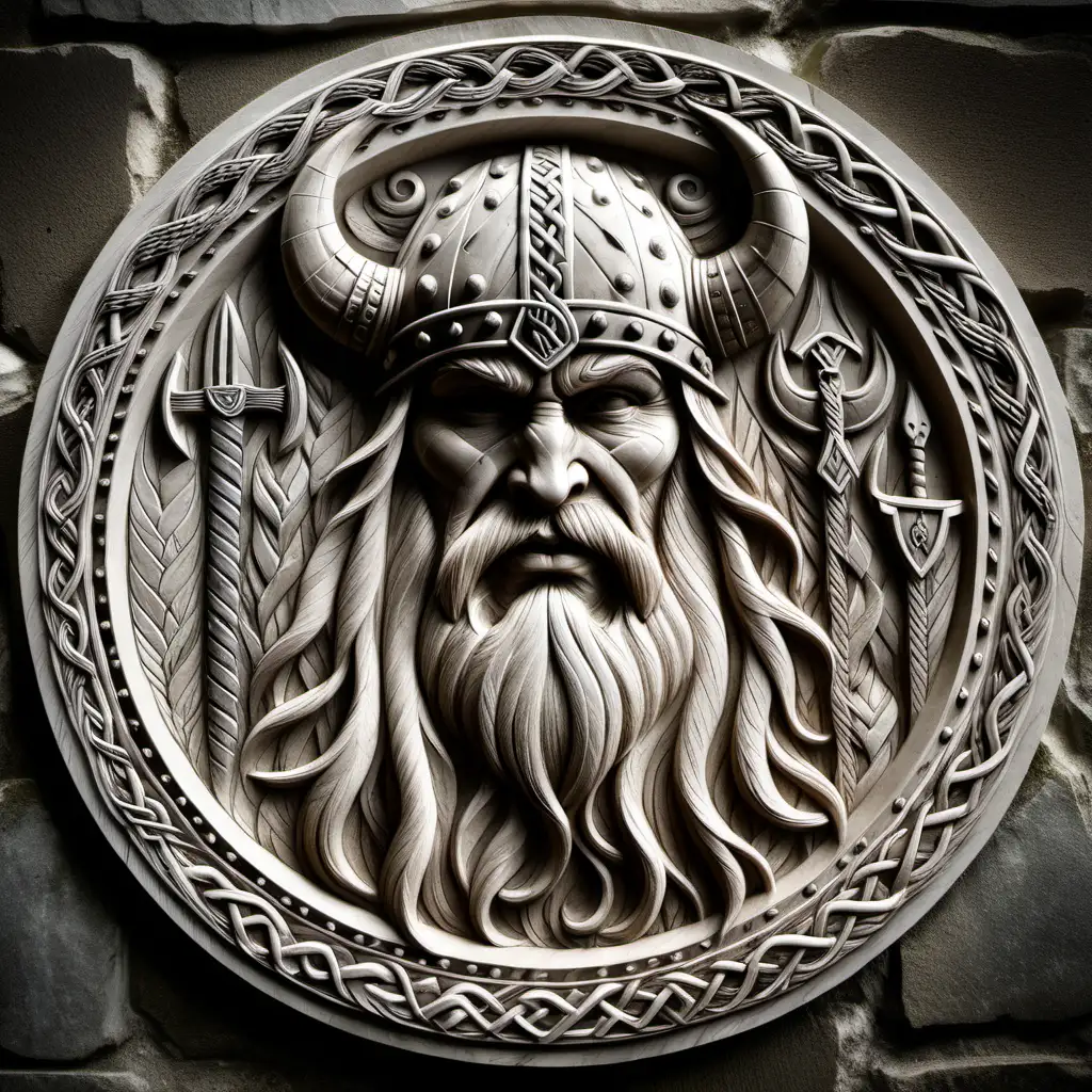 Vibrant Viking BasRelief Sculpture with Intricate Details