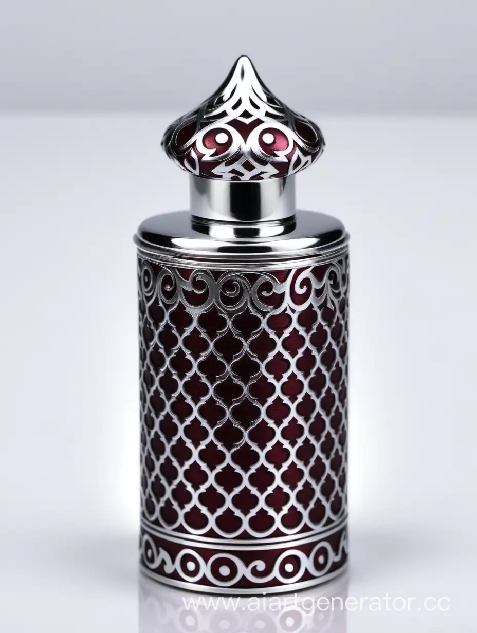 Luxurious-Zamac-Perfume-Bottle-Cap-with-Shiny-Silver-Finish-and-Dark-Burgundy-Arabesque-Pattern