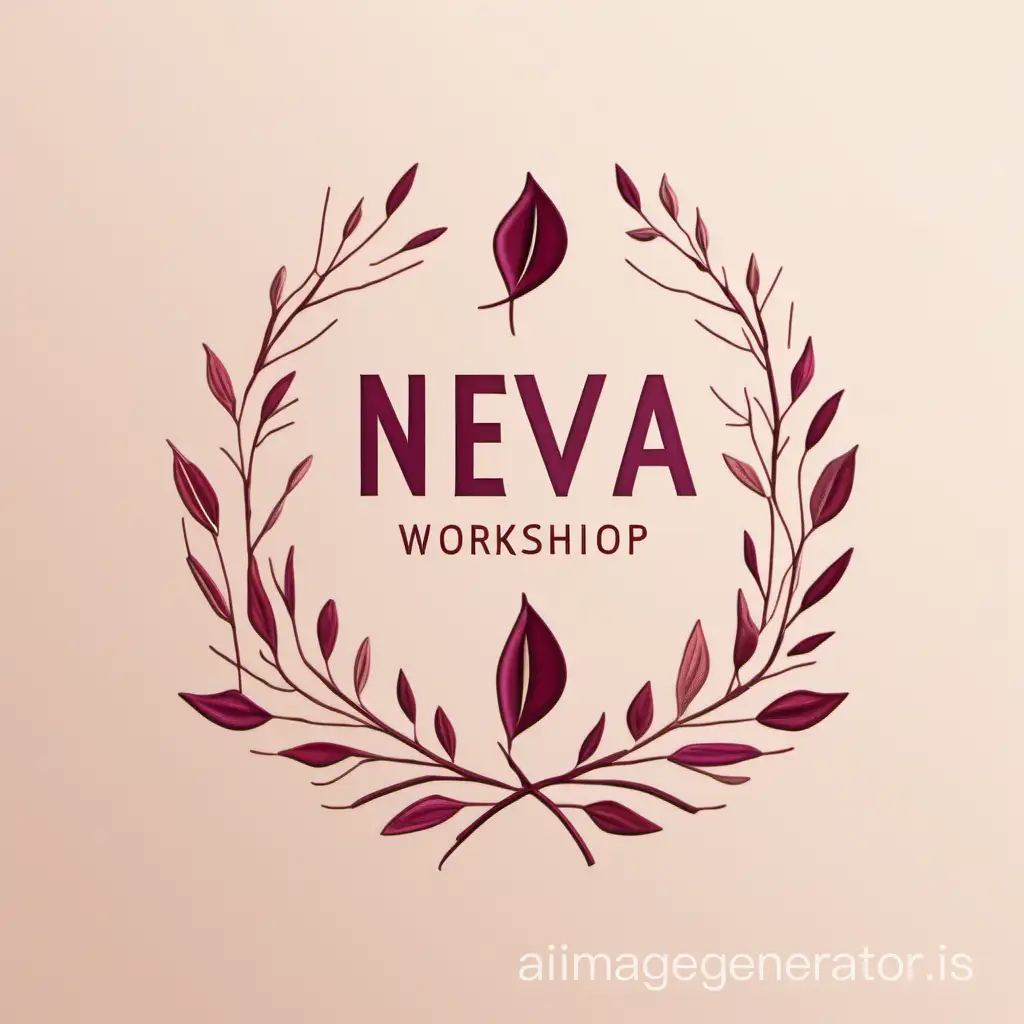 The central element of the image is an elegant combination of twigs with leaves, which symbolizes the environmental friendliness of the products created by the Neva workshop.  The background is a subtle mixture of calm colors combined with burgundy, conveying a sense of richness and showiness.  The overall composition ensures that the logo remains versatile and suitable for various applications. The style is a harmonious combination of modern and classic design elements, with clean lines and timeless aesthetics. The color palette consists of muted tones such as burgundy and white. The image does not contain accessories, preserving the minimalism of the design and focusing on the main elements. This simplicity increases the versatility of the logo and its readability across platforms. use delicate elements in the logo, for example, a needle and thread, which can symbolize embroidery. To emphasize the creative approach of the workshop, you can use a font with a handwritten style. The burgundy color is perfect for conveying sophistication and warmth.