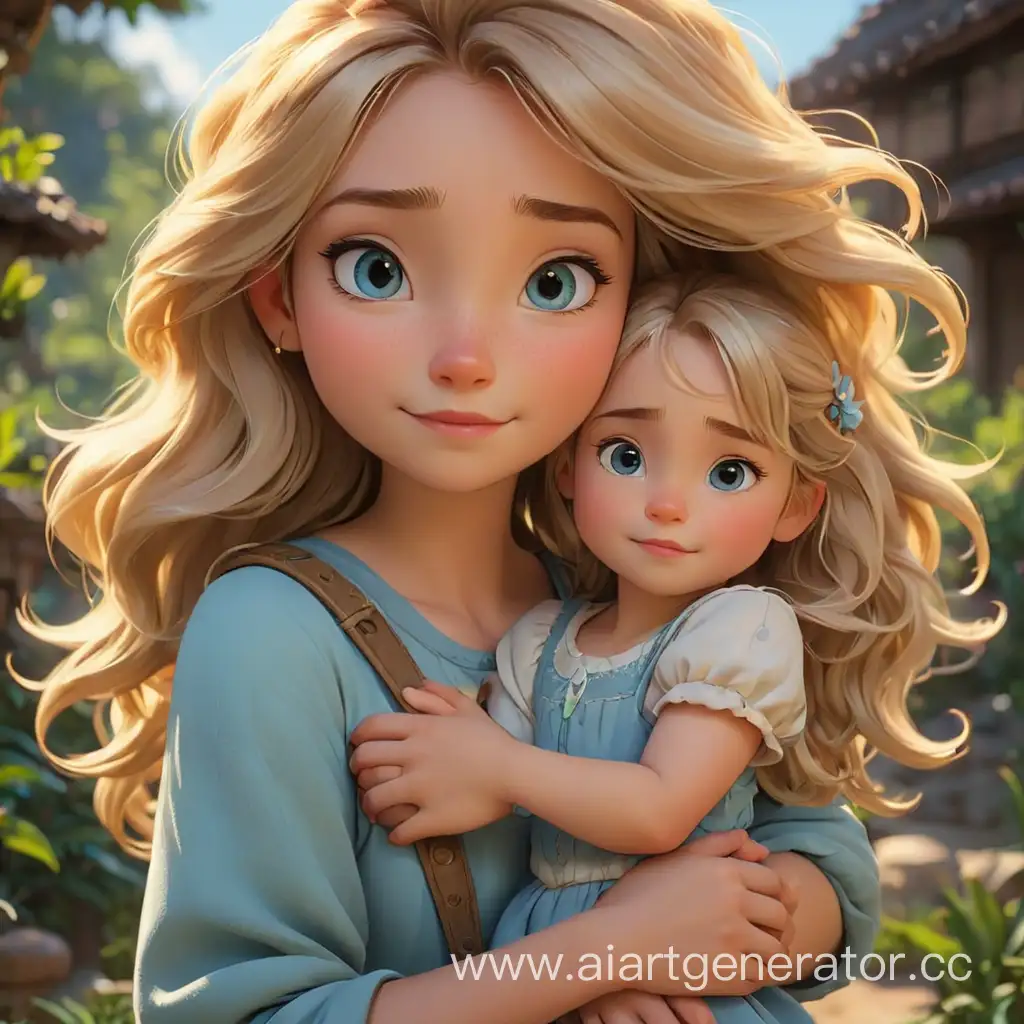 девушка с ребенком, аватарка в стиле Дисней, светлый волосы, ребенок девочка,красивый фон