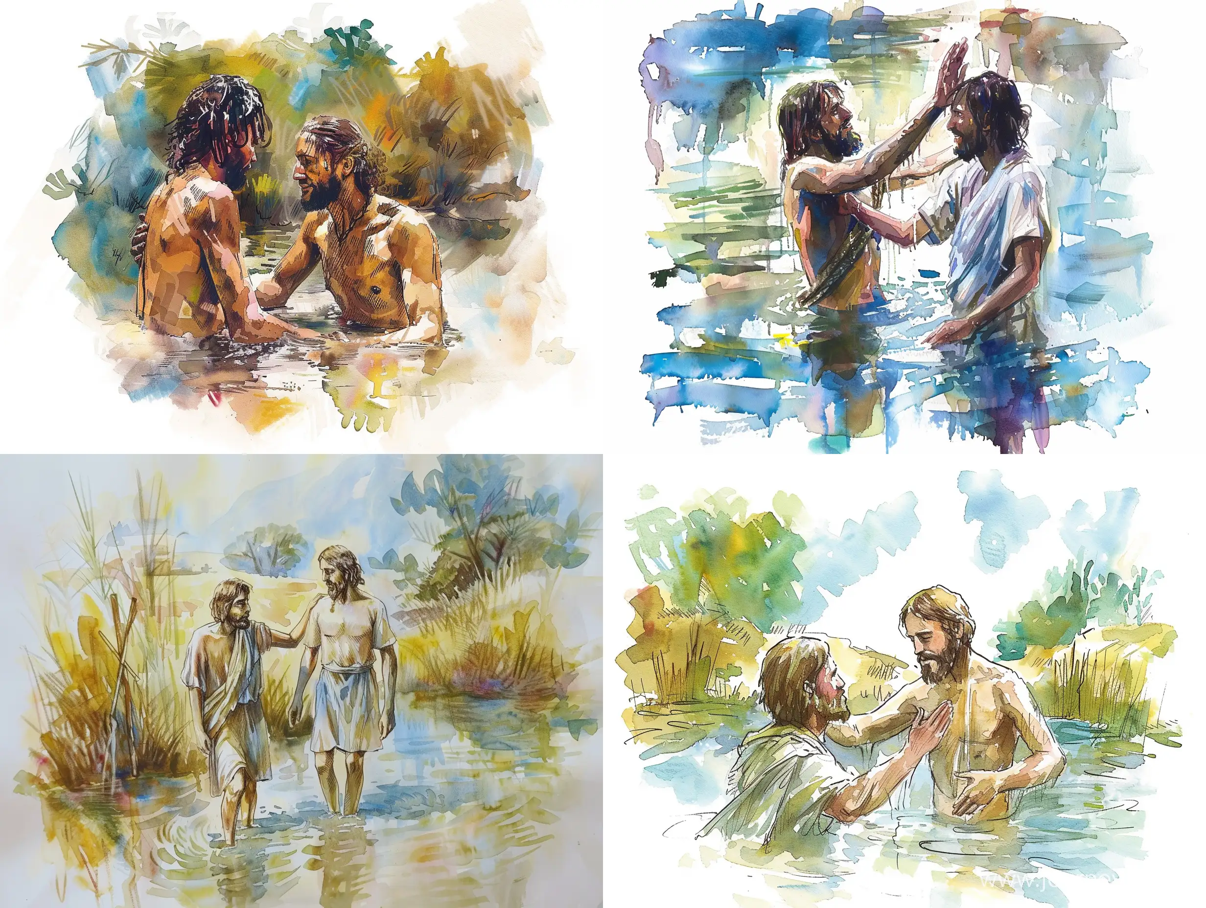 draw a picture in the technique of watercolor painting on the subject of the baptism of jesus christ by john the baptist