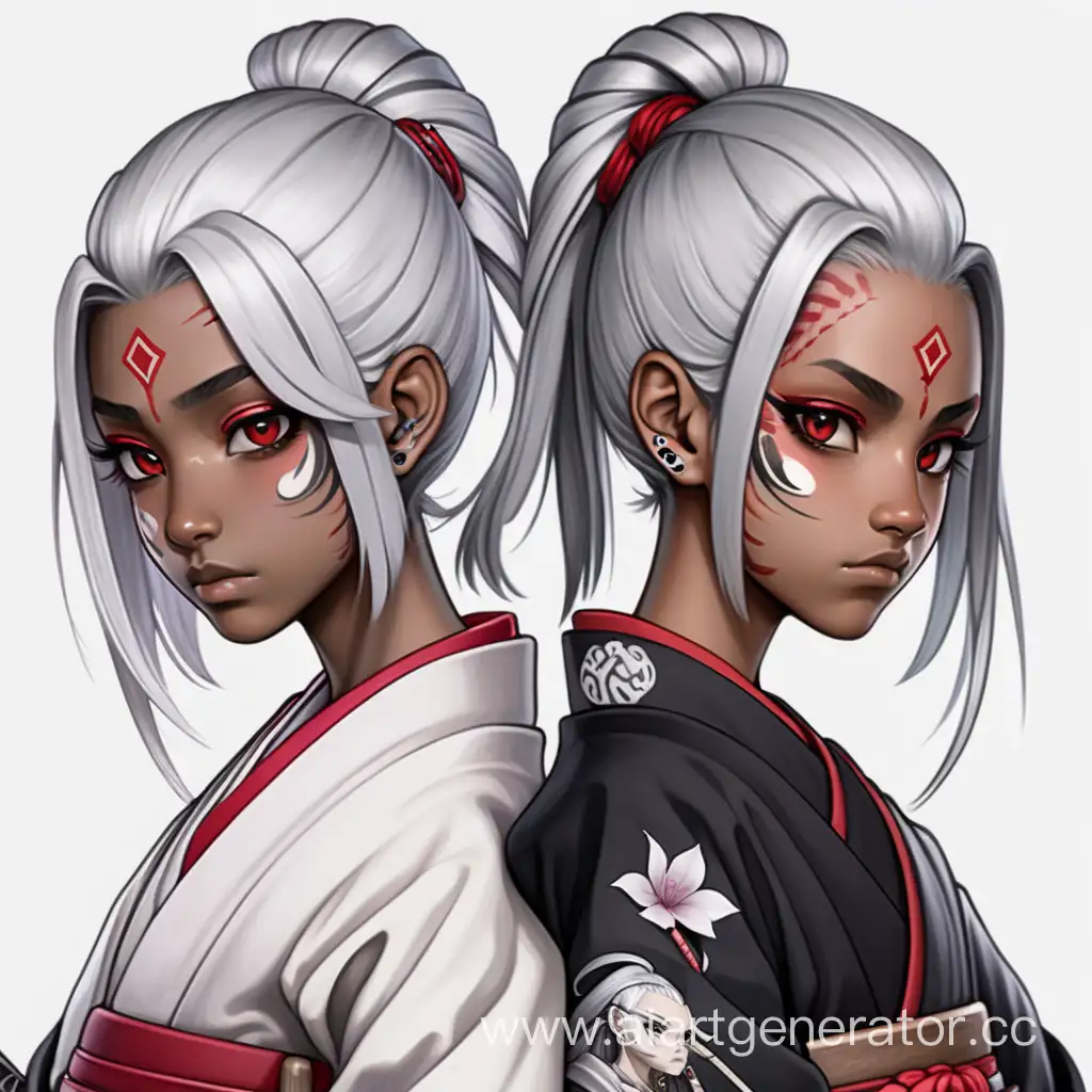 Create an Avatar In Anime Style Girl Two Twins With Silver Hair Ruby Eyes Black Skin On the Left Eye Scar on the Left Arm Samurai Tattoo
