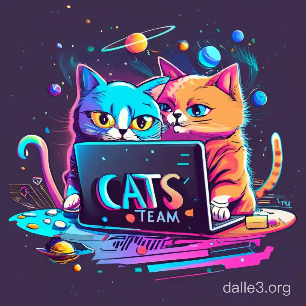Anime Cat Working with a Laptop Cats Team in a SciFi Galaxy | Dalle3 AI