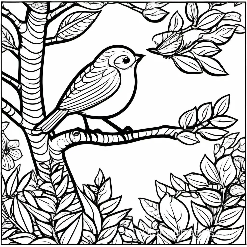 a tree and bird, Coloring Page, black and white, line art, white background, Simplicity, Ample White Space. The background of the coloring page is plain white to make it easy for young children to color within the lines. The outlines of all the subjects are easy to distinguish, making it simple for kids to color without too much difficulty