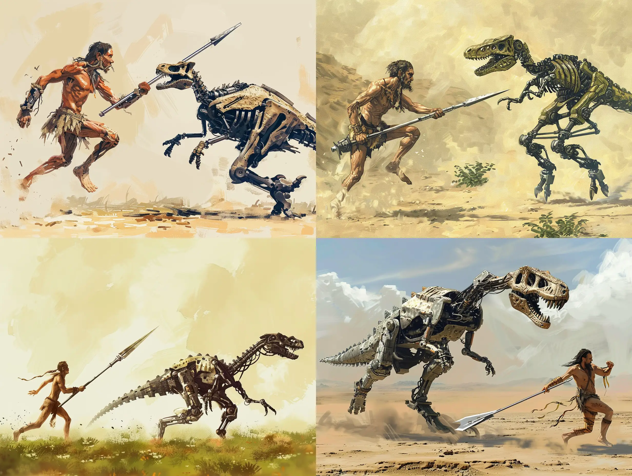 一个拿着钢铁长矛的原始人，在追赶一只机械恐龙