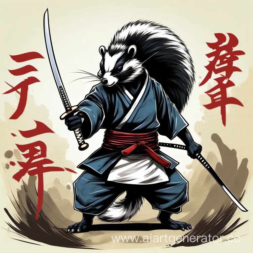 japanese samurai humanized skunk with katana preparing for a fight
