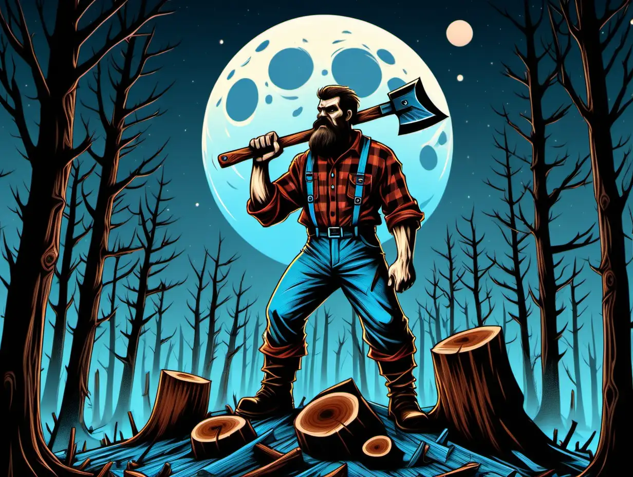 Menacing Lumberjack Amidst Moonlit Stumps Horror Art