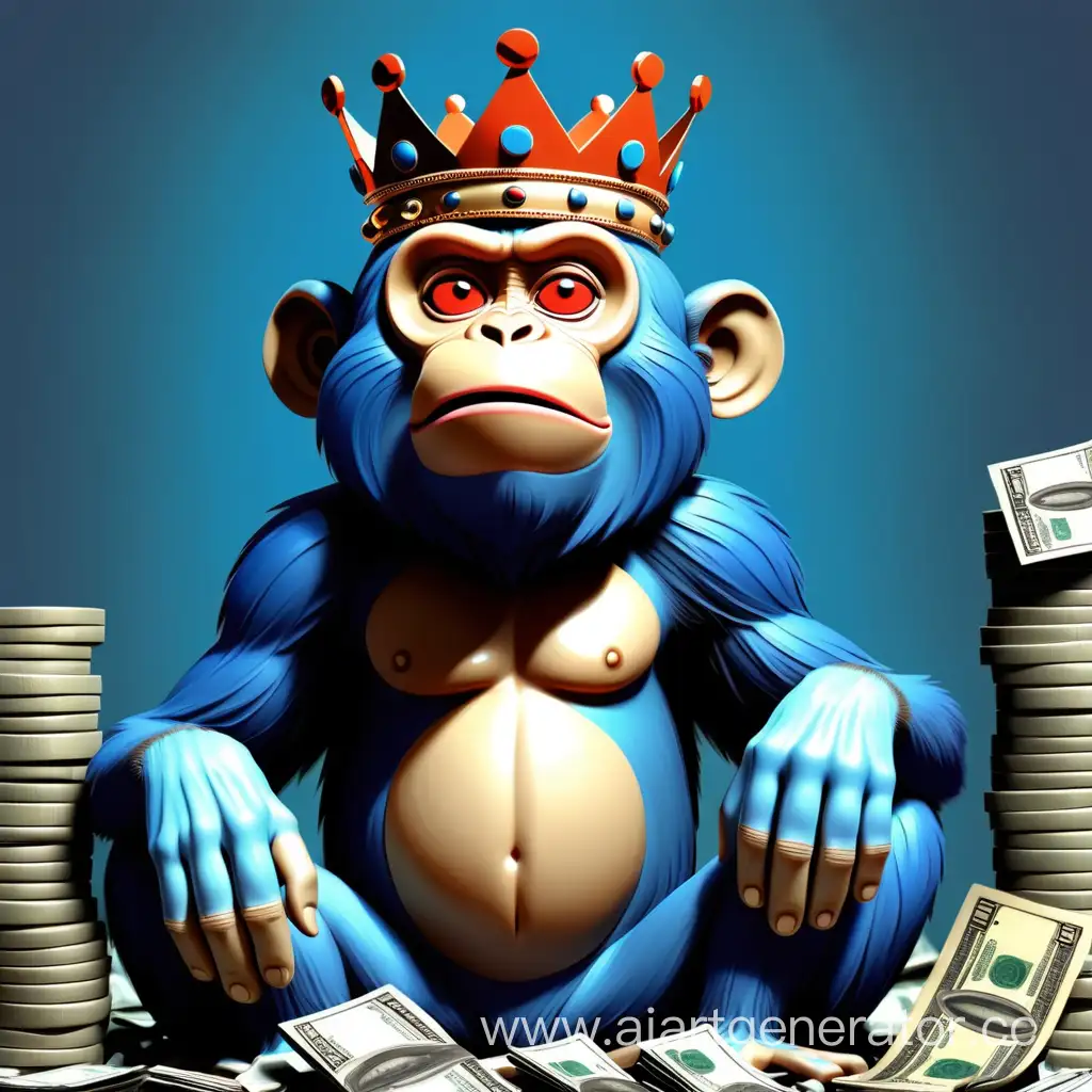A big monkey with a crown, TYNOBY is written on the crown, a monkey is sitting in a pile of money, blue on the sides
