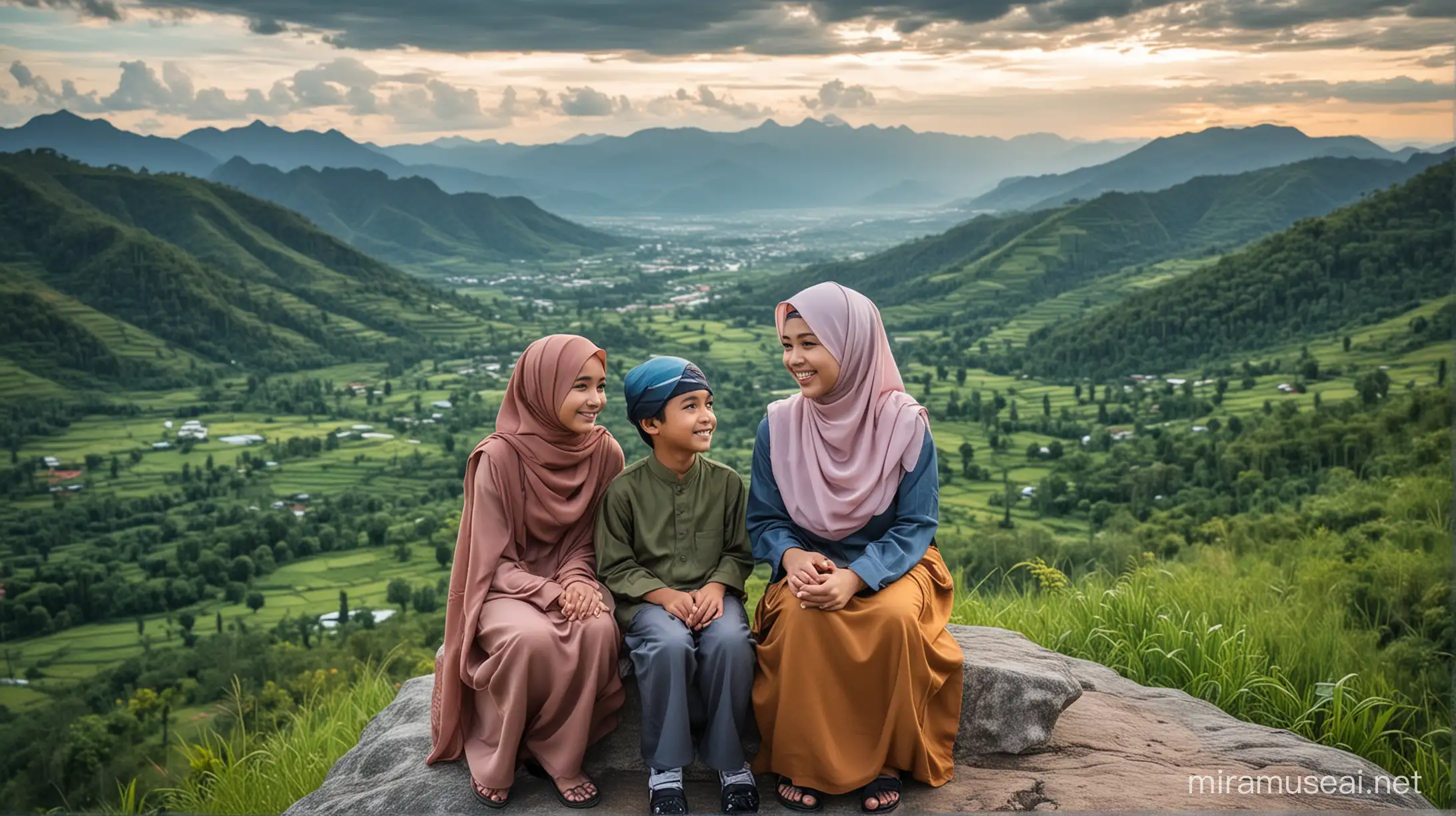 A beautiful malay Couple with hijab, 1boy, 1 girl, smiling face sitting side by side on a rock, overlooking a scenic view of mountains and green valleys. The sky should be clear with a few clouds, and the overall atmosphere should be serene and peaceful, vivid colour