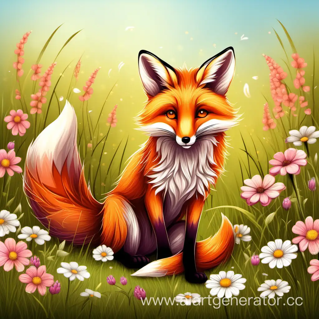 красивая лисичка на полянке с цветочками ловит мышку