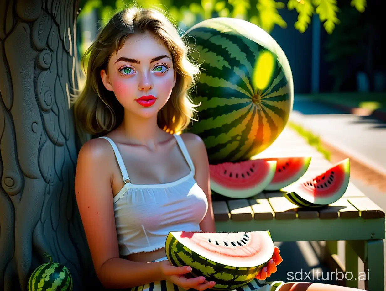 The summer sun is shining on the road, the face of a young lady, her eye-catching eyes and her lips, holding a watermelon and sitting on a bench in the shade of a tree eating a watermelon, fair skin, the interplay of light and shadow. Dramatic composition. Feeling of sunshine, solarium. Nikon D850, f/11, crisp photography, intricate details --ar 58:77 --uplight