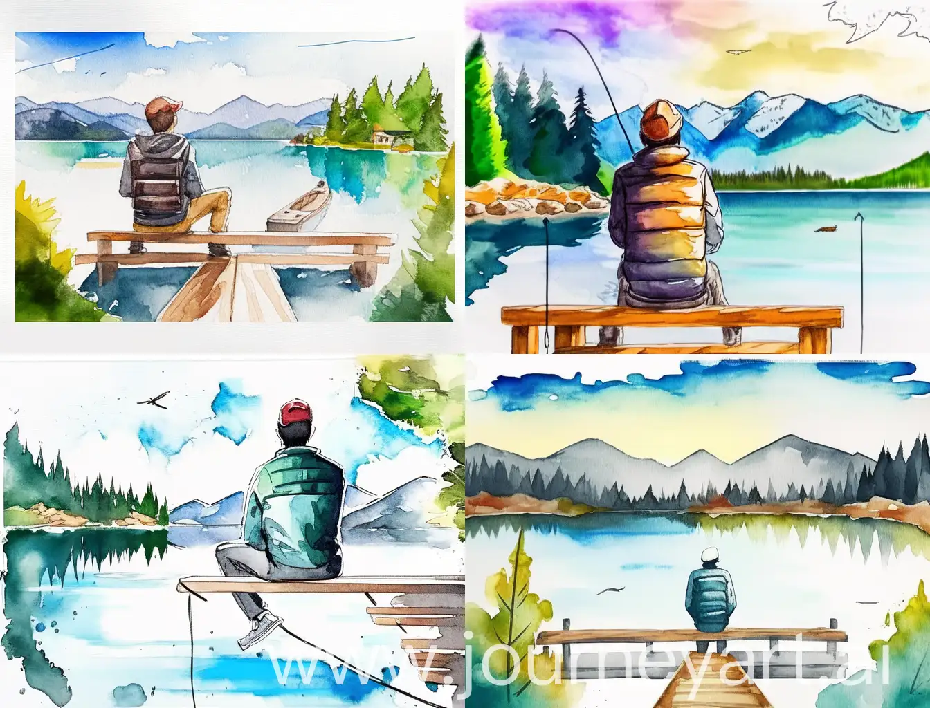 a painting of a young man view from back sitting fishing on a makeshift jetty near clear calm lake, mountain and pine trees around lake, ultrafine detailed watercolor mix alcohol ink and line drawing painting, analytic art, juxtapose aesthetic, 4K