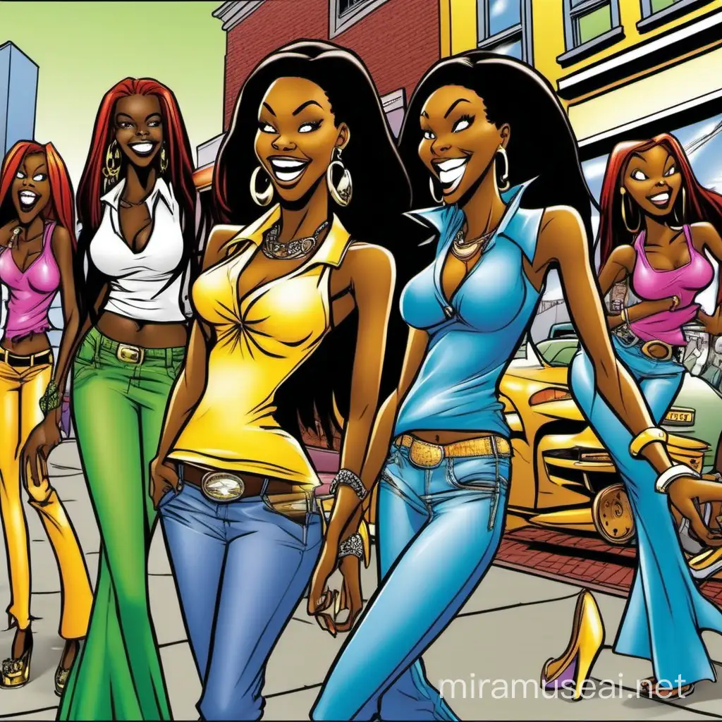 African american sexy flassy stunning girls long stylish hair laughing snarling obnoxiously at hiz & herz fashion clothing store in background 2007 late 2000s commercial cartoon model