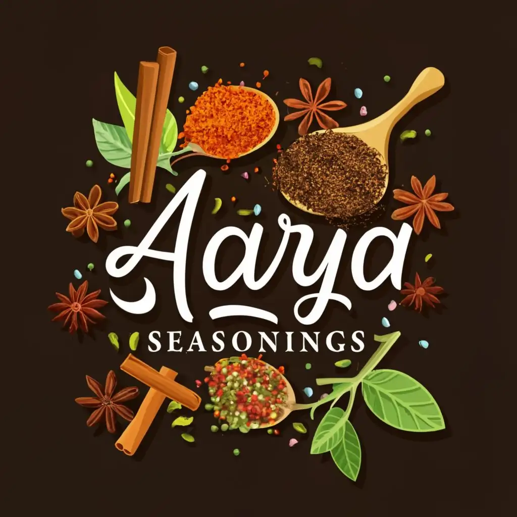 logo, SPICES, with the text "AARYA SEASONINGS", typography