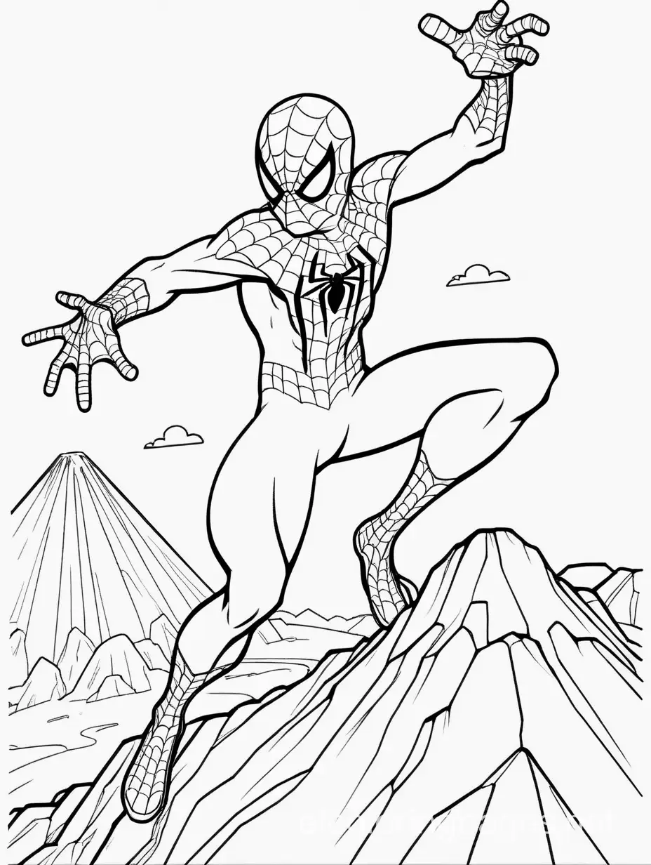 spiderman dancing on a volcano, Coloring Page, black and white, line art, white background, Simplicity, Ample White Space. The background of the coloring page is plain white to make it easy for young children to color within the lines. The outlines of all the subjects are easy to distinguish, making it simple for kids to color without too much difficulty