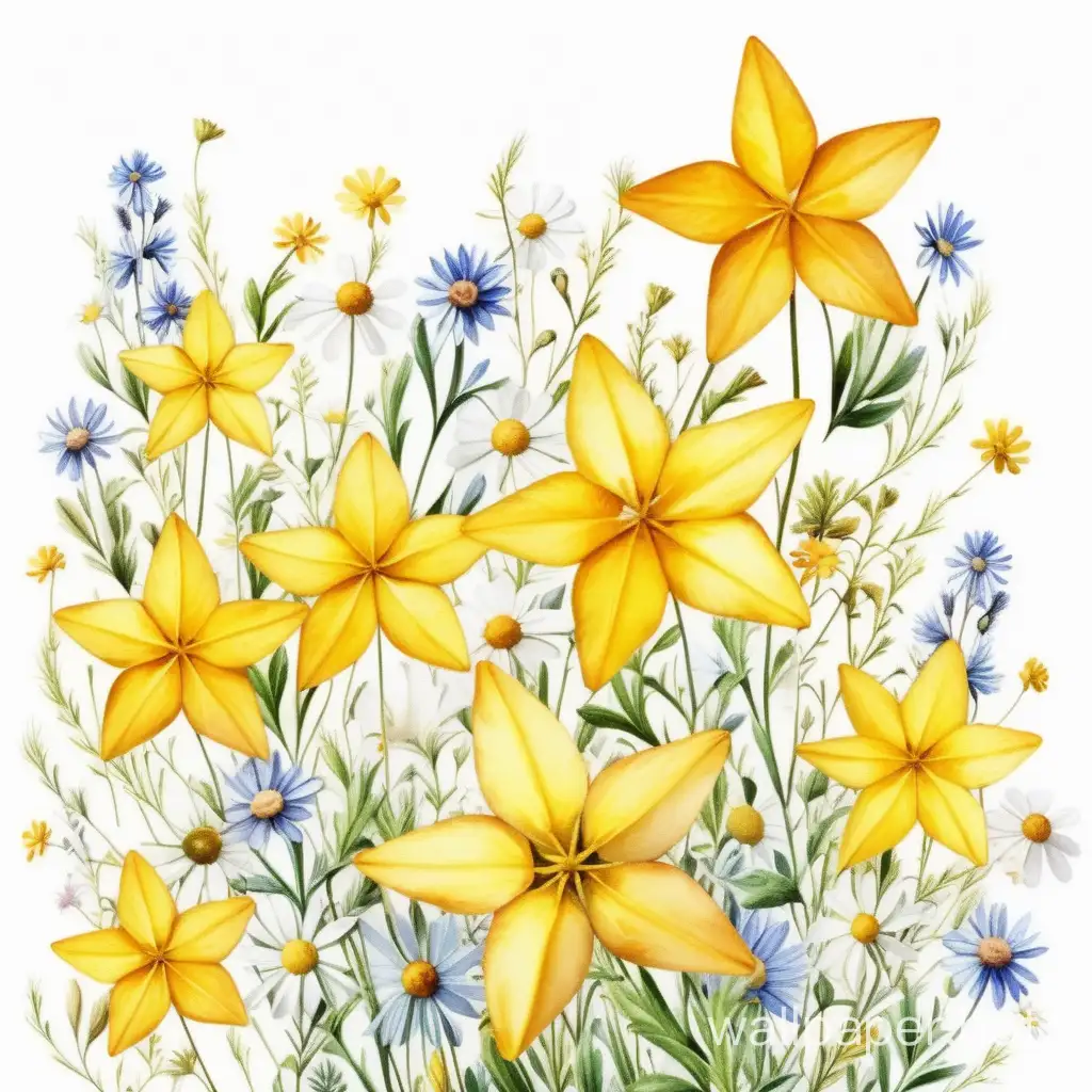 yellow star made of wildflowers, 3d effect, smooth watercolor, white background
