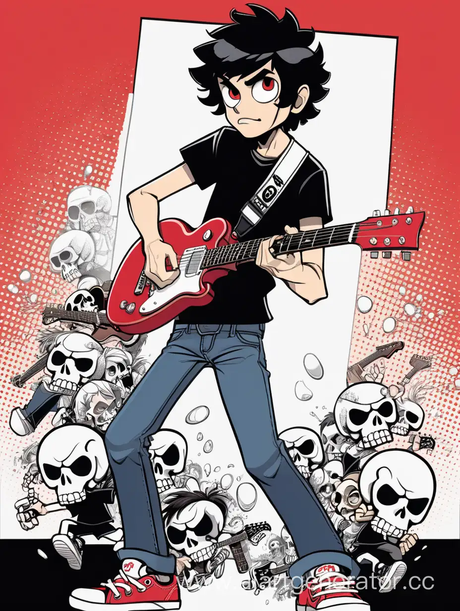 Comic-Style-Musician-with-Guitar-BlackHaired-Man-in-Skull-TShirt-and-Jeans