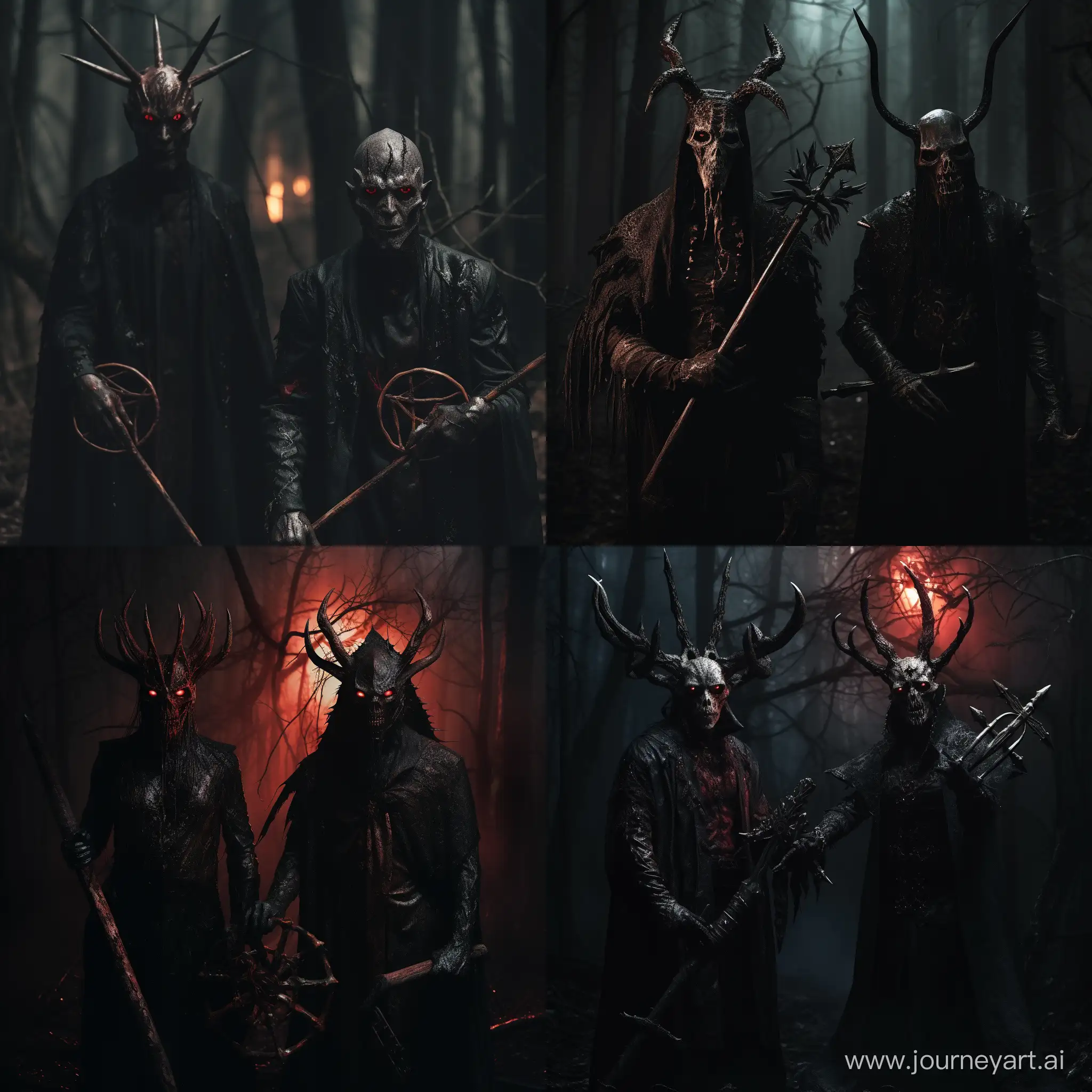 два мрачных персонажа мужского пола в демонических масках в темных одеяниях, с демоническим оружием( посох, клинок), с пентаграммой посередине, со светящимися глазами, на темном фоне мистического леса, в котором деревья с уродливыми лицами и опадшей листвой