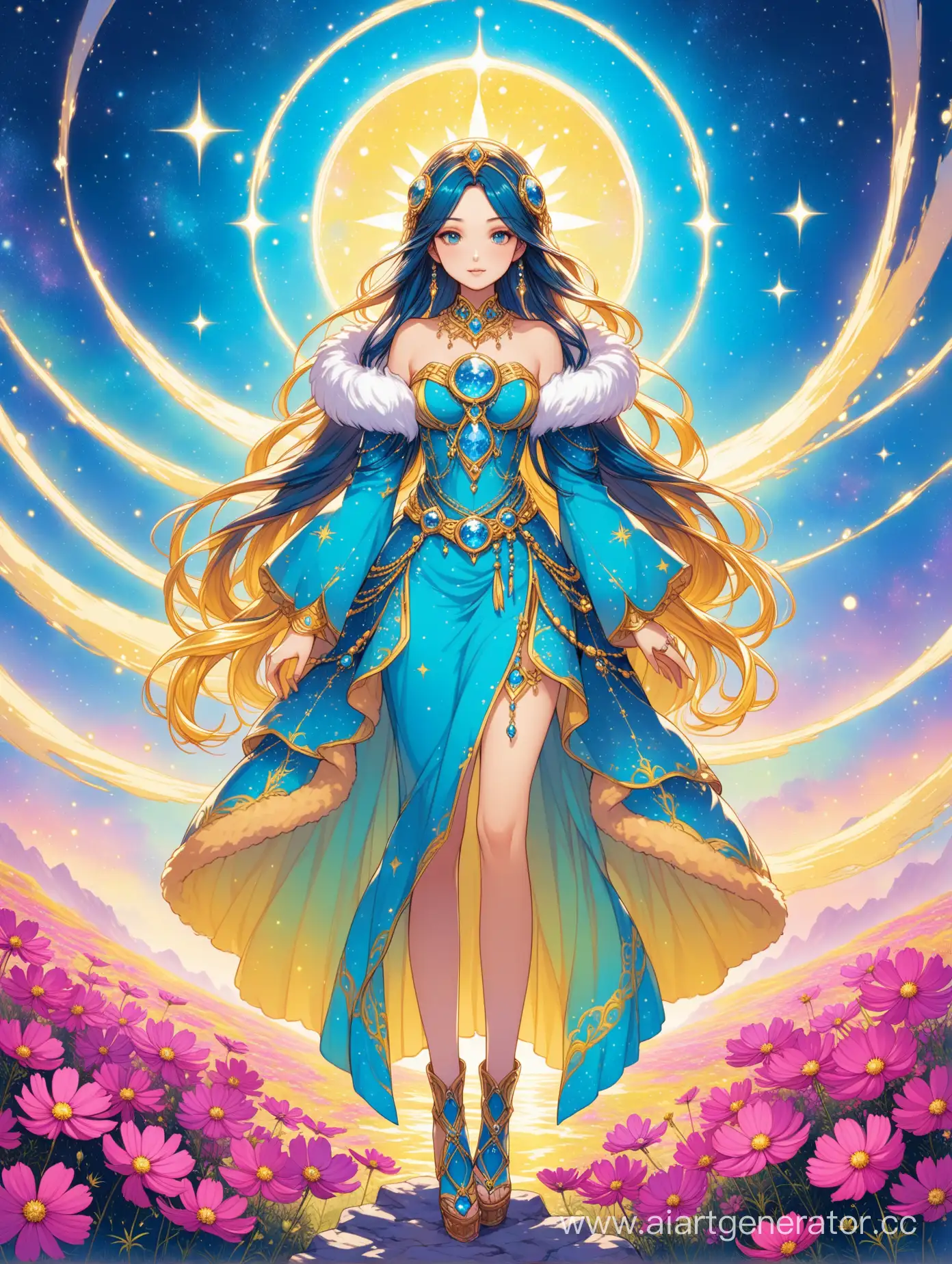 Fantasy-Girl-in-Celestial-Cosmos-Extravagantly-Adorned-in-YellowBlue-Palette