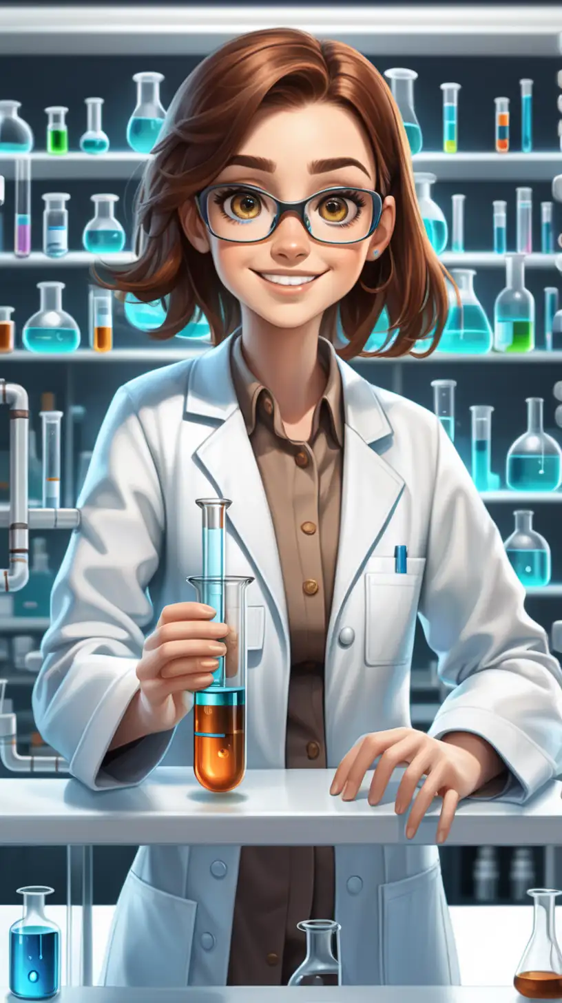 Smiling Female Scientist in Futuristic Laboratory Holding Test Tube
