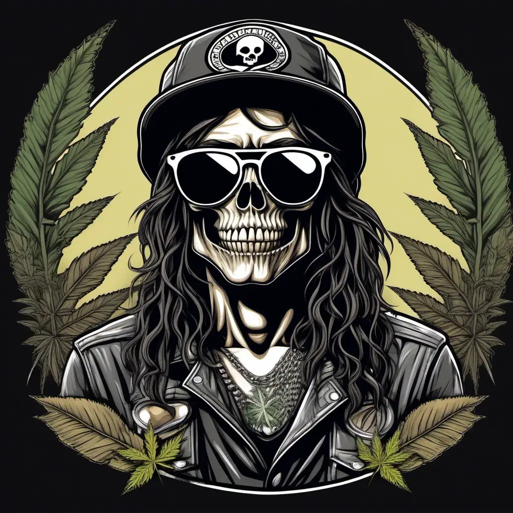 A detailed illustration a biker,Dead Skull wearing trendy small round black rimmed shades , with weed leaf on bandana,   long hair, hippy, stoner, ,t-shirt design, t-shirt design, 3D vector art, 
cartoon effect ,Adobe Illustrator, hand-drawn, digital
painting, low-poly, soft lighting, retro aesthetic, focused on
the character, 4K resolution, photorealistic rendering, using Cinema 4D --s 750 --style raw
