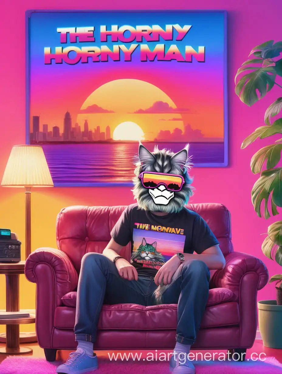 Человек в ретро-глючной маске черепа на диване и рядом табличка с надписью "The_horny_man", а на заднем плане - закатное солнце из ретровейва ,а под ногами кошка мейн-кун рыжего цвета меха.