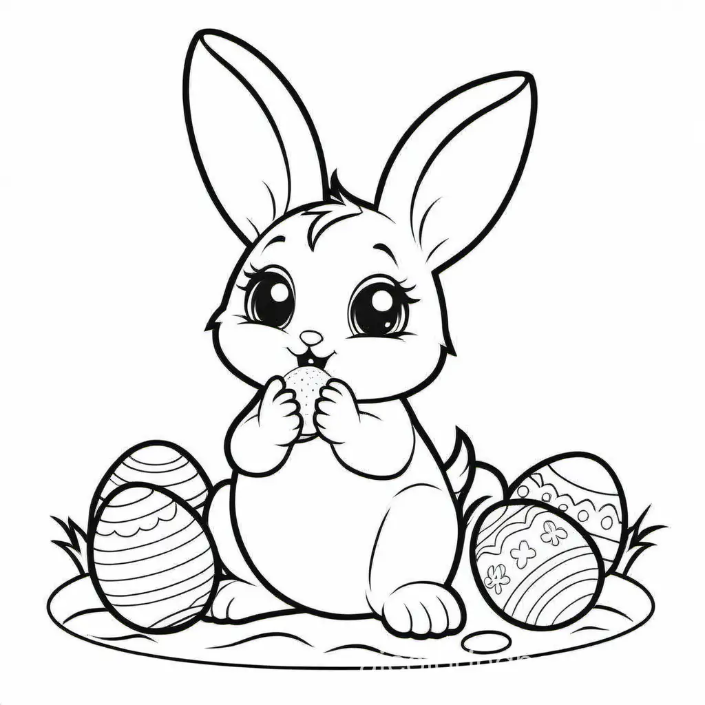 Cute bunny eat egg
for kid, Coloring Page, black and white, line art, white background, Simplicity, Ample White Space. The background of the coloring page is plain white to make it easy for young children to color within the lines. The outlines of all the subjects are easy to distinguish, making it simple for kids to color without too much difficulty