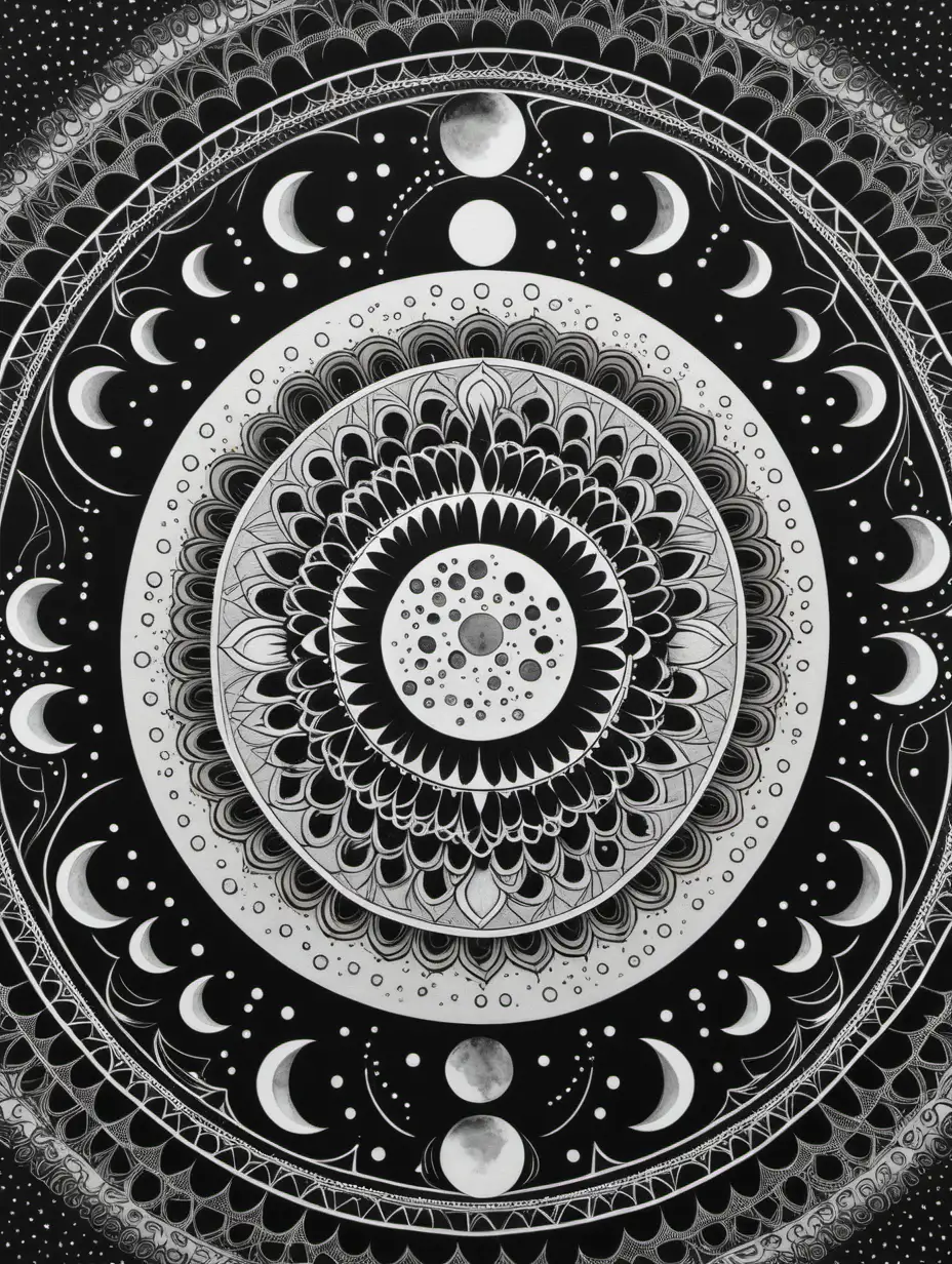 A madalla pattern black and white which encorporates the phases of the moon 