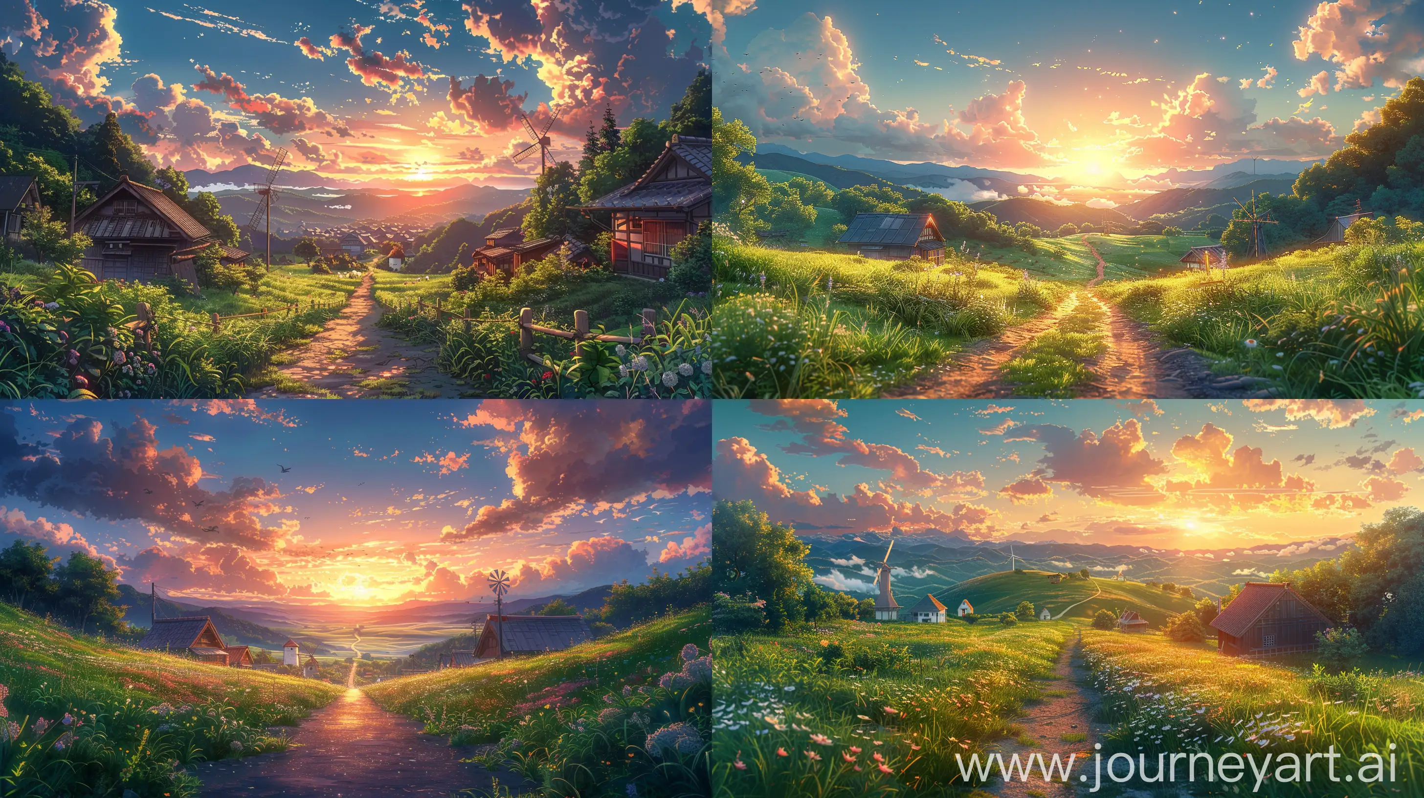Tranquil-Anime-Landscape-Sunset-Path-Amidst-Rolling-Hills-and-Charming-Windmills