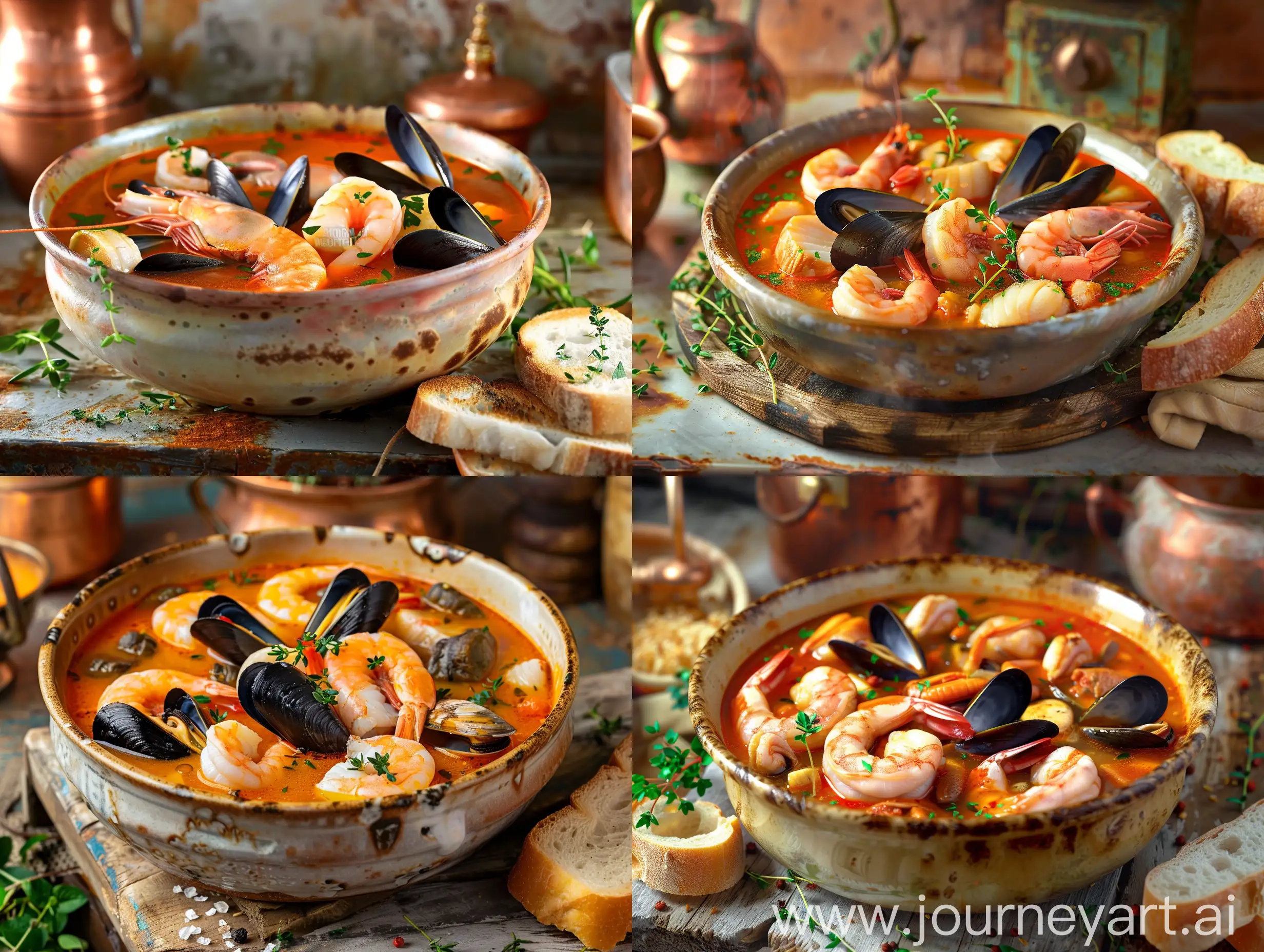 A classic French bouillabaisse served in a rustic ceramic bowl, set atop a weathered wooden table. The vibrant reddish-orange broth is filled with an assortment of fresh seafood, including plump pink shrimp, succulent white fish fillets, tender scallops, and mussels with jet-black shells. Fragrant herbs like thyme and parsley are scattered over the surface, while a golden rouille sauce and crispy baguette slices sit alongside the bowl. Soft, warm lighting illuminates the dish, casting gentle shadows and highlighting the vivid colors and textures of the ingredients. The background is a quaint French countryside kitchen with terracotta walls and hanging copper pots. Render in sharp 4K resolution with ultra-realistic details, natural color grading, and a shallow depth of field.