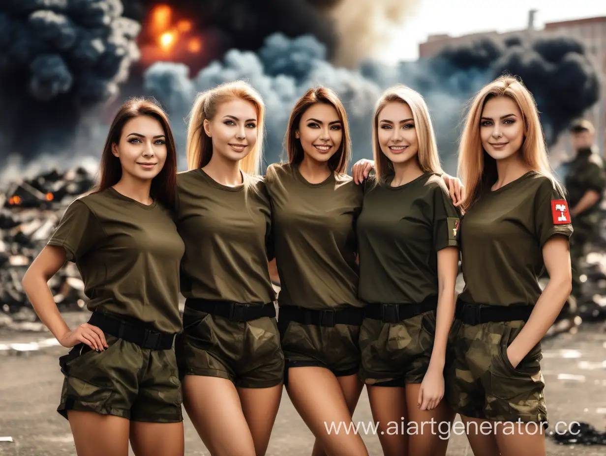 Группа из 5 российских красивых солдат женщин европейского и азиатского вида в военных шортах и футболках улыбаются и позируют на фоне взрывов