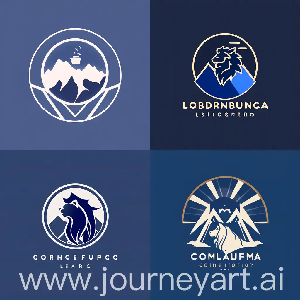 设计一个抽象，有设计感的，简约线条组成的咖啡品牌的logo，山脉的轮廓也是狮子的轮廓，优雅，尊贵，全部蓝色，下方印有JABLUM