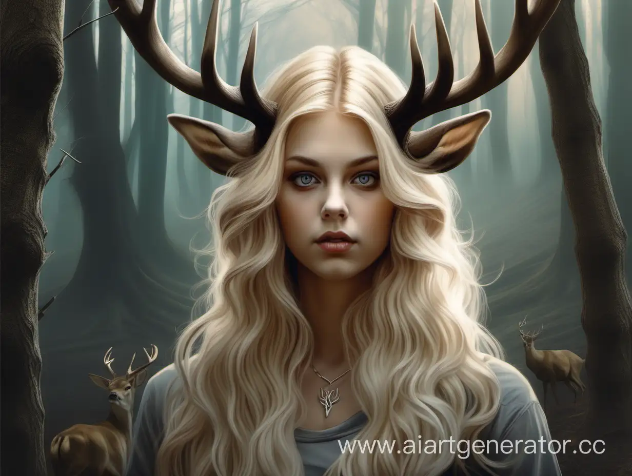Девушка с рогами оленя, фэнтези, длинные волосы, блондинка, лес, очень высокая детализация, фотореалестичность
