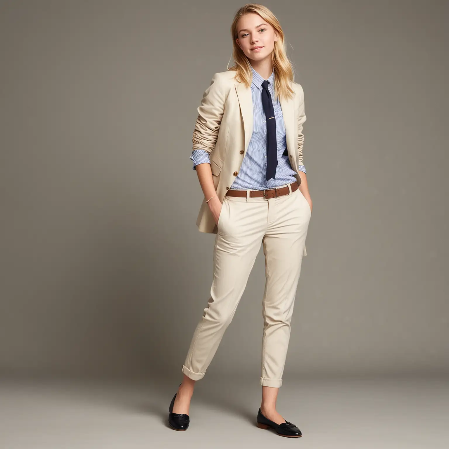 blonde hair teenage girl with tailored  j crew style outfit for a job interview. should look like a teen girl full body outfit with flats for shoes. 
