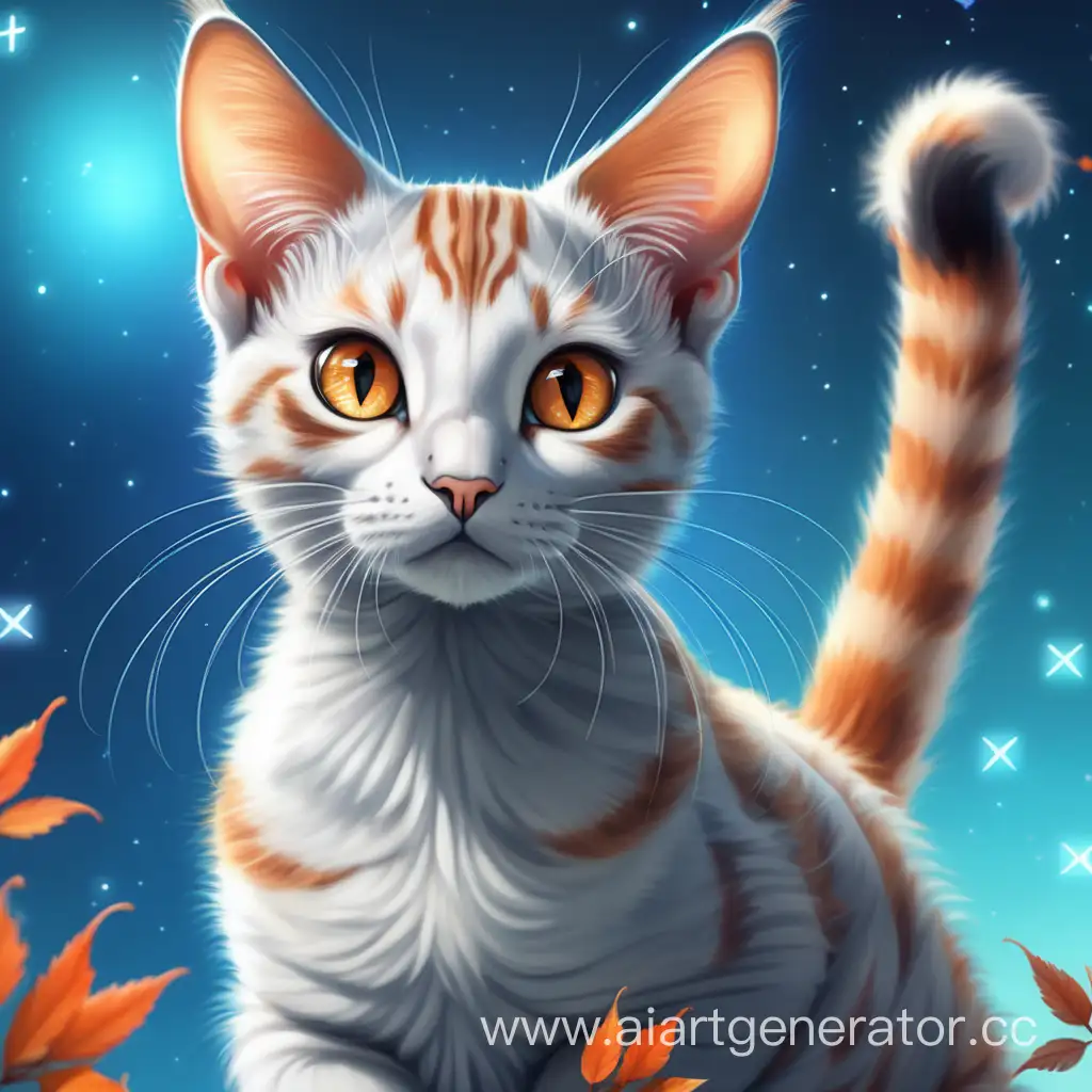 One cat with white and orange fur, long tail, long neck, long paws, big ears, big eyes, oriental cat, 4k, better graphics, better quality, hard light, sharp contrast, more highlights, shiny fur, red iris, elegant, slender cat, animal, black vine with leaves on the neck, highlights in the eyes in the form of stars, hyper detail, blur at the edges of the image, neutral light, bright azure background with added style artpunk, dark sushi style, 2D, anime