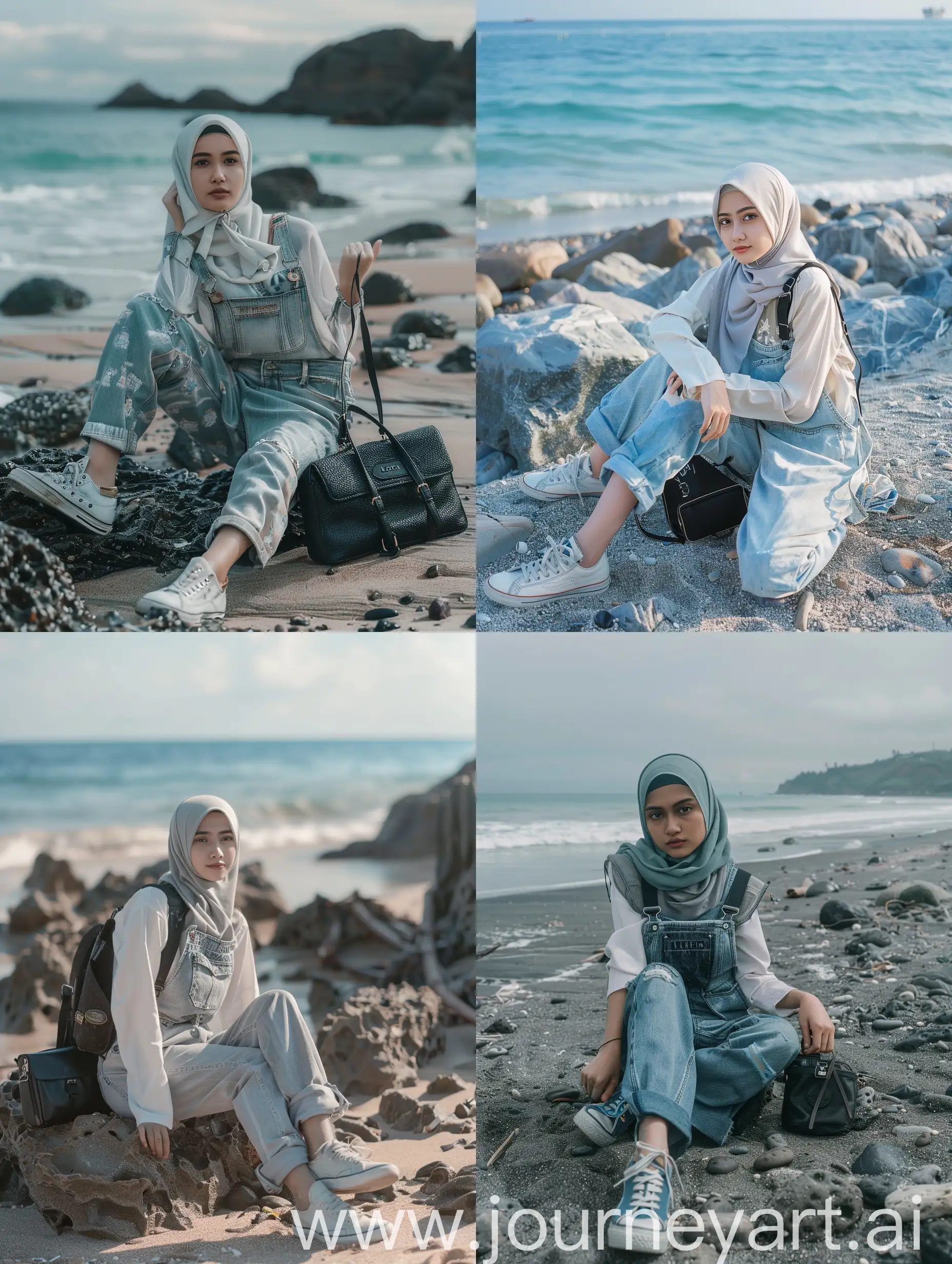 photo portrait of a 30 year old Indonesian hijab girl, on a beautiful beach, wearing overalls and a small black bag, sneakers, sitting on the rocks on the beach, very detailed, Leica camera, original photo