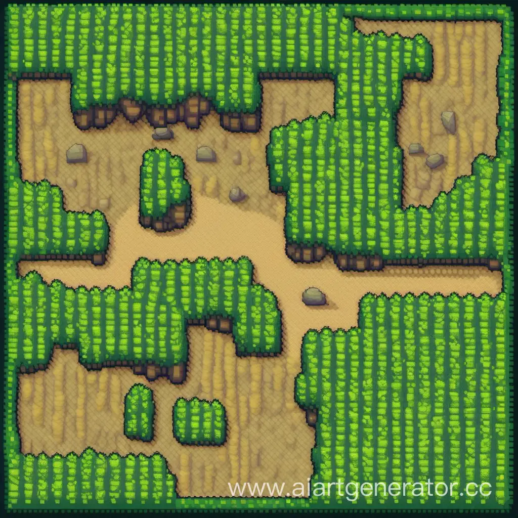 Generate a 2D pixel art top-down view of a steppe with green-brown bushes and rocks., depicting the landscape in a with a green-brown color palette.


